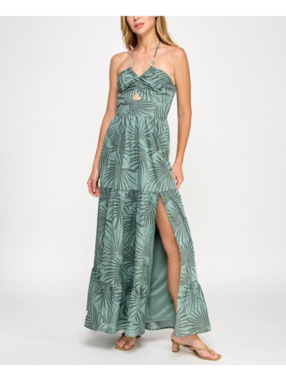 Trixxi Juniors' Cotton Tiered Halter Maxi Dress Olive Green Size S MSRP $79